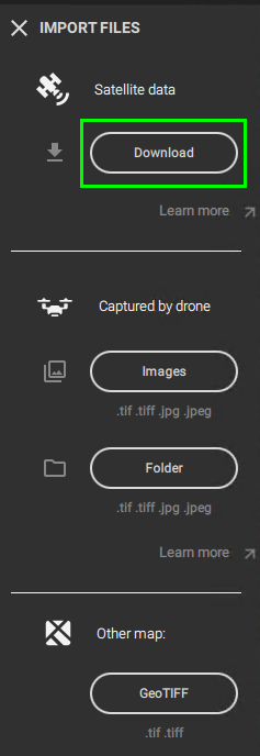 import files menu, PIX4Dfields allows importing sattelite and drone images.
