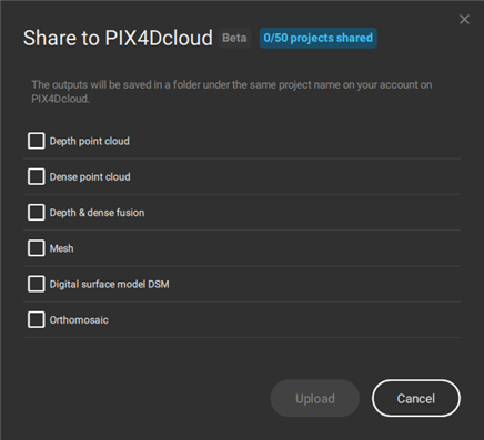 PIX4Dmatic Share to PIX4Dcloud dialog