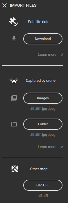 PIX4Dfieldsのデータ読み込みメニュー