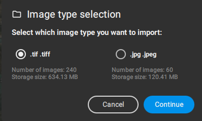 PIX4Dfieldsの画像種類選択画面