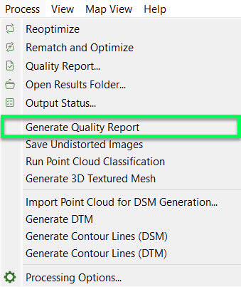 Menu Process > Generate Quality Report - PIX4Dmapper