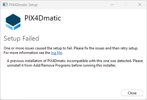 PIX4Dmaticのセットアップに失敗しました