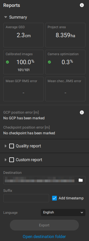 Official PIX4Dmatic report example with green calibration indicators but no marked GCP or checkpoint