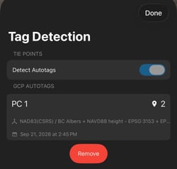 PIX4Dcatch tag detection menu
