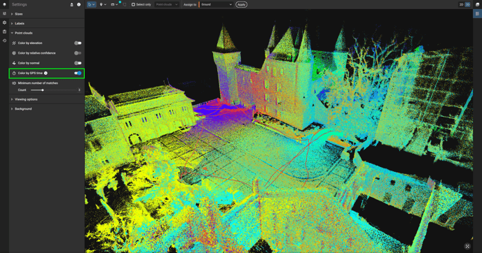 Point cloud colored by GPS time in PIX4Dmatic