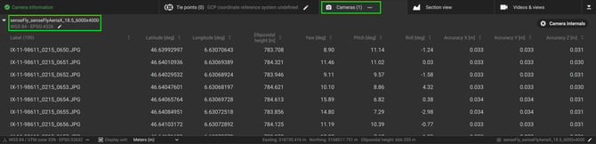 Cameras tab in PIX4Dmatic