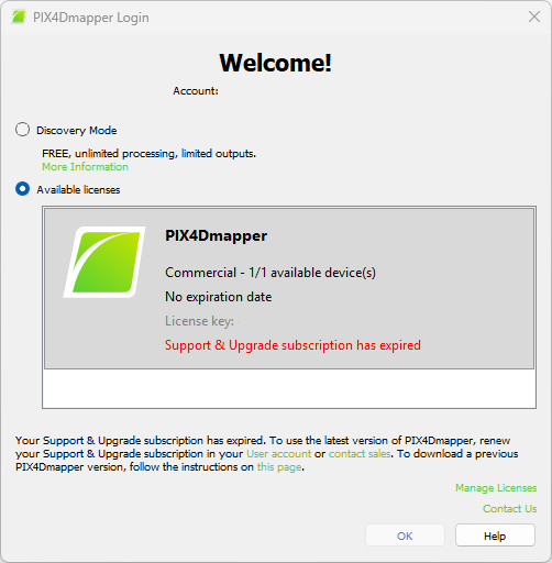 OTC with expired S&U and too recent version of PIX4Dmapper