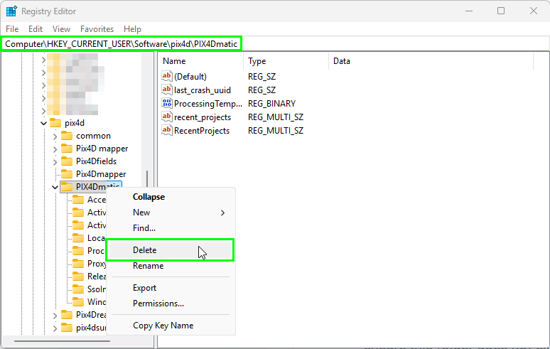 Registry Editor Delete PIX4Dmatic