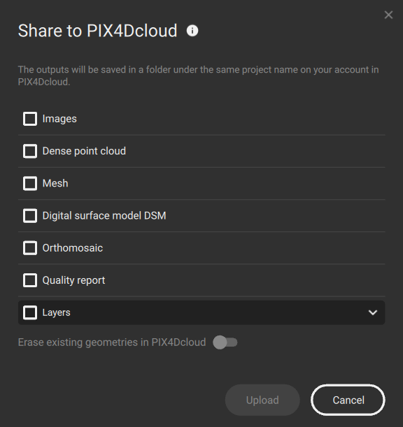 Share to PIX4Dcloud options